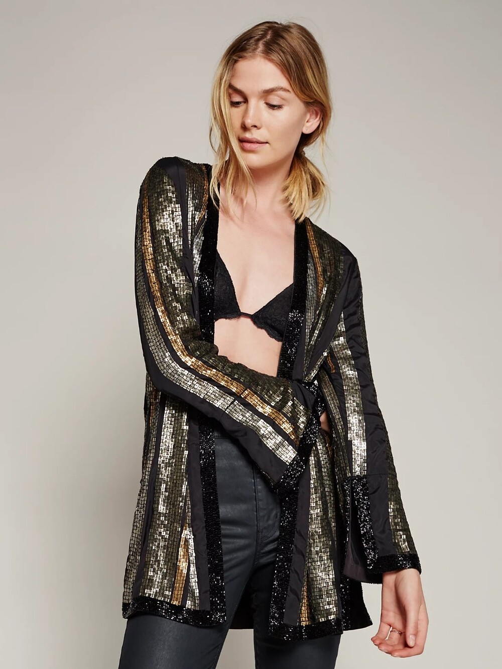 Free People Black Jacket with Gold & Silver Metallic Stripes